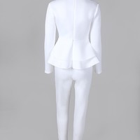 Solid Color White Flounced Long Sleeve Two-Piece Set - Thumbnail 5