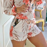 Casual Printing Long-Sleeved Shorts Two-Piece Suit - Thumbnail 3