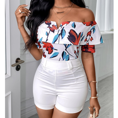 Fashion printed one-way neck strapless short sleeves shorts two-piece suit - Thumbnail 5