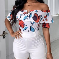 Fashion Printed One-Way Neck Strapless Short Sleeves Shorts Two-Piece Suit - Thumbnail 1