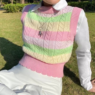 Cute Pink Rainbow Stripe Tie Dye Sleeveless V Neck Knit Vest Sweater Top Pullover Autumn Aesthetic E-Girl Kawaii Korean Japanese Harajuku Streetwear
