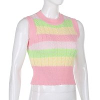 Cute Pink Rainbow Stripe Tie Dye Sleeveless V Neck Knit Vest Sweater Top Pullover Autumn Aesthetic E-Girl Kawaii Korean Japanese Harajuku Streetwear - Thumbnail 6