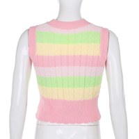 Cute Pink Rainbow Stripe Tie Dye Sleeveless V Neck Knit Vest Sweater Top Pullover Autumn Aesthetic E-Girl Kawaii Korean Japanese Harajuku Streetwear - Thumbnail 8