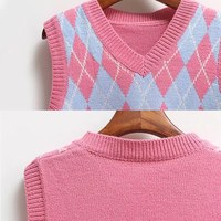 Cute Argyle V Neck Sleeveless Vest Knit Sweater Pullover Jumper Tank Top Autumn Aesthetic E-Girl Kawaii Korean Japanese Harajuku Streetwear - Thumbnail 3