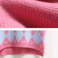 Cute Argyle V Neck Sleeveless Vest Knit Sweater Pullover Jumper Tank Top Autumn Aesthetic E-Girl Kawaii Korean Japanese Harajuku Streetwear - Thumbnail 4