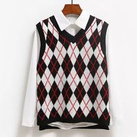Cute Argyle V Neck Sleeveless Vest Knit Sweater Pullover Jumper Tank Top Autumn Aesthetic E-Girl Kawaii Korean Japanese Harajuku Streetwear - Thumbnail 6