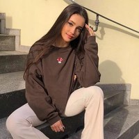 Cute Brown Mushroom Embroidery 90s Vintage Crew Neck Sweater Sweatshirt Hoodie Long Sleeve Aesthetic E-Girl Kawaii Korean Japanese Harajuku Streetwear - Thumbnail 2