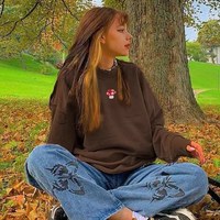 Cute Brown Mushroom Embroidery 90s Vintage Crew Neck Sweater Sweatshirt Hoodie Long Sleeve Aesthetic E-Girl Kawaii Korean Japanese Harajuku Streetwear - Thumbnail 3