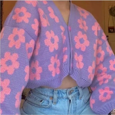 Cute vintage 90s purple pink flowers cardigan long sleeve shirt top v neck sweater jumper aesthetic e-girl kawaii korean japanese harajuku streetwear - Thumbnail 2