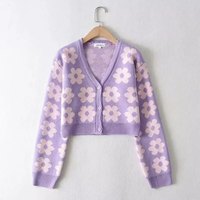 Cute Vintage 90s Purple Pink Flowers Cardigan Long Sleeve Shirt Top V Neck Sweater Jumper Aesthetic E-Girl Kawaii Korean Japanese Harajuku Streetwear - Thumbnail 3