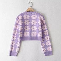 Cute Vintage 90s Purple Pink Flowers Cardigan Long Sleeve Shirt Top V Neck Sweater Jumper Aesthetic E-Girl Kawaii Korean Japanese Harajuku Streetwear - Thumbnail 4