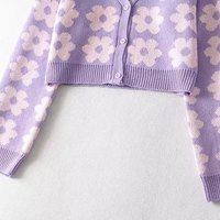 Cute Vintage 90s Purple Pink Flowers Cardigan Long Sleeve Shirt Top V Neck Sweater Jumper Aesthetic E-Girl Kawaii Korean Japanese Harajuku Streetwear - Thumbnail 5