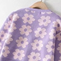 Cute Vintage 90s Purple Pink Flowers Cardigan Long Sleeve Shirt Top V Neck Sweater Jumper Aesthetic E-Girl Kawaii Korean Japanese Harajuku Streetwear - Thumbnail 7