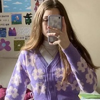 Cute Vintage 90s Purple Pink Flowers Cardigan Long Sleeve Shirt Top V Neck Sweater Jumper Aesthetic E-Girl Kawaii Korean Japanese Harajuku Streetwear - Thumbnail 2