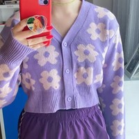 Cute Vintage 90s Purple Pink Flowers Cardigan Long Sleeve Shirt Top V Neck Sweater Jumper Aesthetic E-Girl Kawaii Korean Japanese Harajuku Streetwear - Thumbnail 1