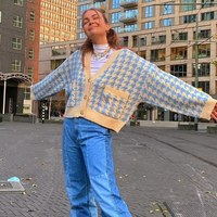 Cute Vintage Plaid Button Cardigan V Neck Knit Cropped Long Sleeve Shirt Sweater Pullover Aesthetic E-Girl Kawaii Korean Japanese Harajuku Streetwear - Thumbnail 2