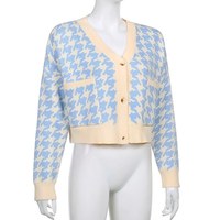 Cute Vintage Plaid Button Cardigan V Neck Knit Cropped Long Sleeve Shirt Sweater Pullover Aesthetic E-Girl Kawaii Korean Japanese Harajuku Streetwear - Thumbnail 5