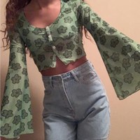 Cute Sexy Vintage 90s Green Flower Lantern Bell Sleeve Long Sleeve Shirt Crop Top Mesh Aesthetic E-Girl Kawaii Korean Japanese Harajuku Streetwear - Thumbnail 8