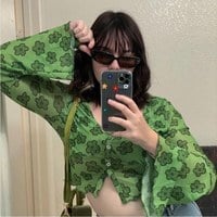 Cute Sexy Vintage 90s Green Flower Lantern Bell Sleeve Long Sleeve Shirt Crop Top Mesh Aesthetic E-Girl Kawaii Korean Japanese Harajuku Streetwear - Thumbnail 6