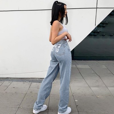 Cute 90s buttery print casual baggy straight high waist mom blue denim jean bottom pant aesthetic e-girl kawaii korean japanese harajuku streetwear