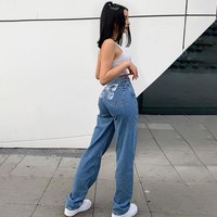 Cute 90s Buttery Print Casual Baggy Straight High Waist Mom Blue Denim Jean Bottom Pant Aesthetic E-Girl Kawaii Korean Japanese Harajuku Streetwear - Thumbnail 4