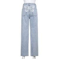 Cute 90s Buttery Print Casual Baggy Straight High Waist Mom Blue Denim Jean Bottom Pant Aesthetic E-Girl Kawaii Korean Japanese Harajuku Streetwear - Thumbnail 8
