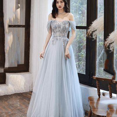 Gray tulle lace long a line prom dress evening dress - Thumbnail 2