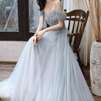 Gray tulle lace long A line prom dress evening dress - Thumbnail 1