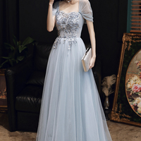 Gray tulle lace long A line prom dress evening dress - Thumbnail 2