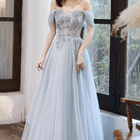 Gray tulle lace long A line prom dress evening dress - Thumbnail 5