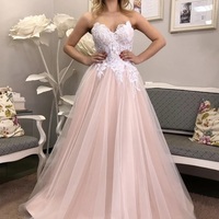 Sweet Strapless Blush Pink Tulle Prom Dresses with Appliques - Thumbnail 1