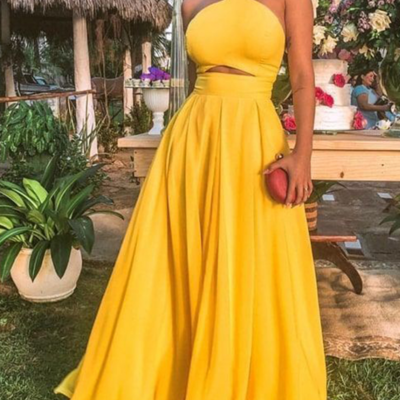 Sexy halter open back yellow long prom dresses,evening dresses - Thumbnail 5