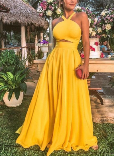 Sexy Halter Open Back Yellow Long Prom Dresses,Evening Dresses