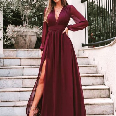Elegant a line v neck burgundy chiffon prom dress with long sleeves, mother of brides dresses