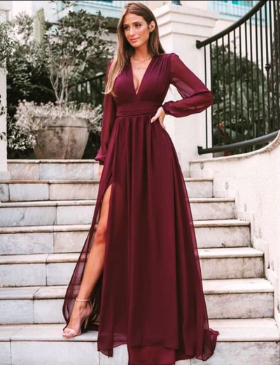 Elegant A Line V Neck Burgundy Chiffon Prom Dress With Long Sleeves, Mother of Brides Dresses