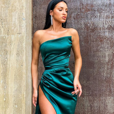 Sexy dark green mermaid long satin prom dresses, split evening dresses