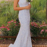 Spaghetti Straps Cowl Neck Mermaid Sparkly White Sequins Prom Dress - Thumbnail 1