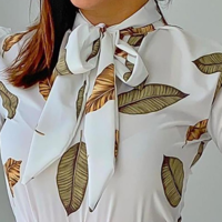 Women's White Leaf Print Long Sleeve Two-piece Set - Thumbnail 3