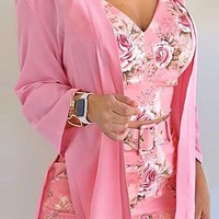 V-Neck Printed Long Sleeve Cardigan Sling Two-piece Set - Thumbnail 1
