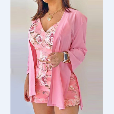 V-neck printed long sleeve cardigan sling two-piece set