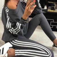 Round Neck Striped Long Sleeve Fashion Casual Two-Piece Set - Thumbnail 1