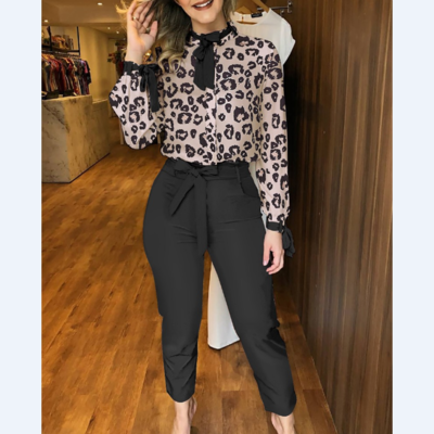 Elegant women's long sleeve leopard print two-piece set - Thumbnail 3