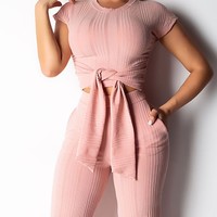 Pure Color Casual Short Sleeve Two-piece Set - Thumbnail 1
