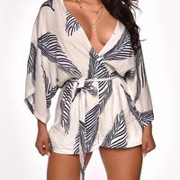 White Sexy Printed V-neck Jumpsuit - Thumbnail 1