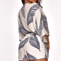 White Sexy Printed V-neck Jumpsuit - Thumbnail 2