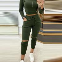 Slim Zipper Solid Color Casual Two-Piece Suit - Thumbnail 1