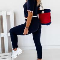 Round Neck Pure Color Casual Short SleeveTwo-piece Set - Thumbnail 1