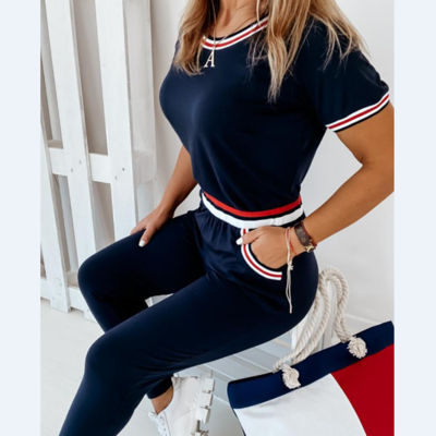 Round neck pure color casual short sleevetwo-piece set