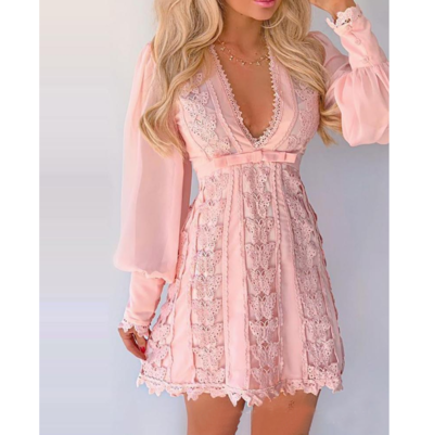 V-Neck Printing Women'S Lace Long Sleeve Dress