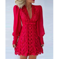 V-Neck Printing Women'S Lace Long Sleeve Dress - Thumbnail 1